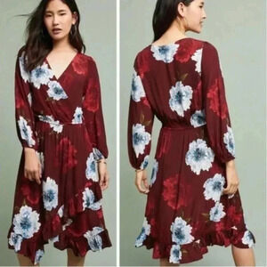 Anthropologie Plenty Tracy MP Reese Aleah Dress Faux Wrap Red Floral Maroon Boho